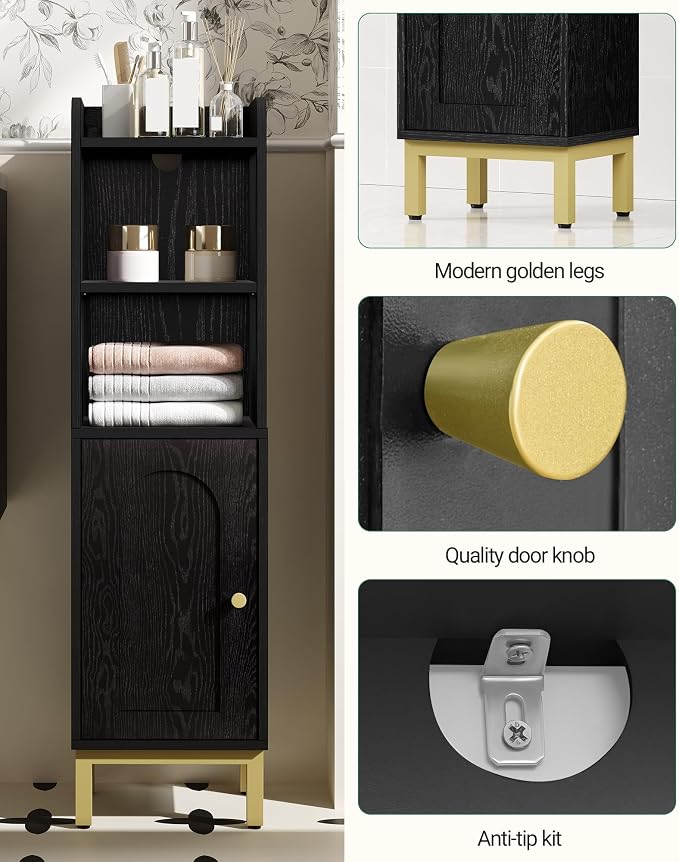 Hzuaneri Bathroom Storage Cabinet, Small Corner Floor Cabinet with Door and Shelves, Narrow Toilet Paper Holder, Bathroom Organizer with Adjustable Shelf, for Small Spaces, Black BC38204GV1