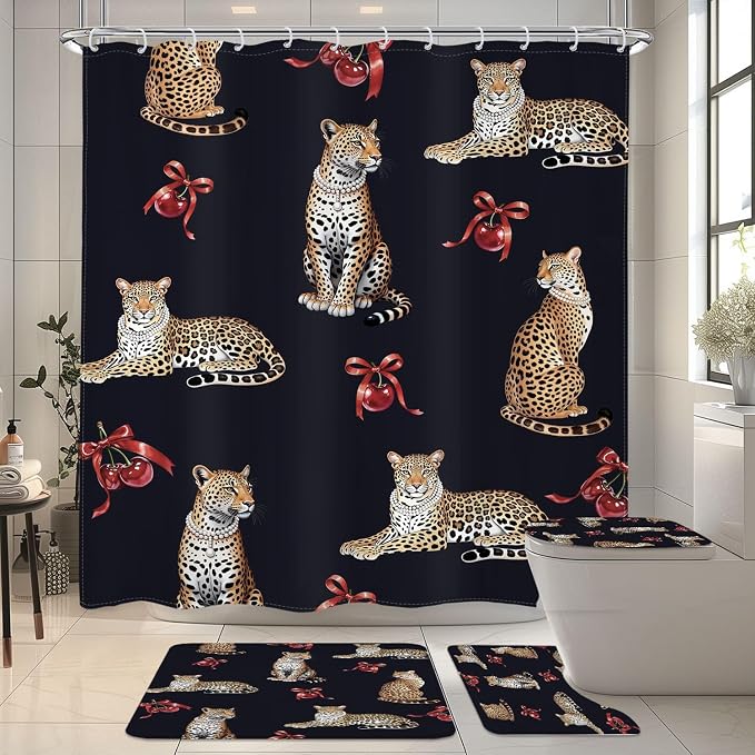 4 PCS Leopard Shower Curtain Set 72Wx72H,Toilet Lid Cover,Non-Slip Rugs and U-Shaped Mat,Cherry Bows Girly Wild Bathroom Sets with Rugs Shower Accessories 12 Hooks for Bathroom Decor