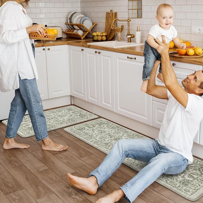 KIMODE Anti Fatigue Kitchen Mat Set, Non Slip Waterproof Kitchen Rug Set of 2, Boho Rugs for Kitchen, Ergonomic Standing Kitchen Sink Mats for Floor, 17"x29.5"+17" x47”, Sage Green