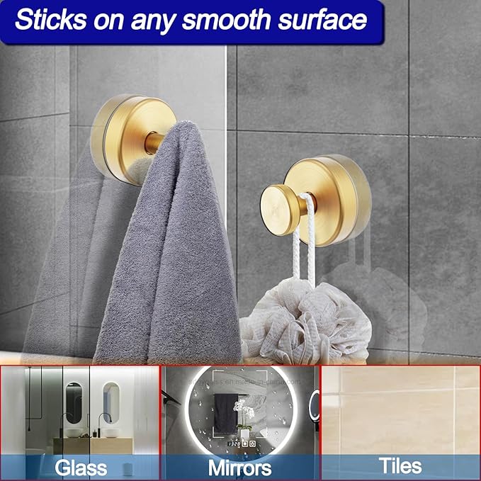 Bntuk Suction Cup Hooks for Shower, Towel Hooks for Bathroom Window Glass, Bath Robe Looafh Hook for Hanging - 2 Pack, Gold