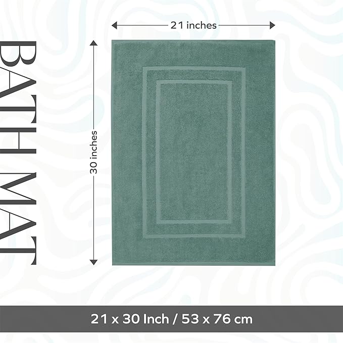 Feather & Stitch 2 Piece Towel Like Bath Mats (30x21 Inch) 100% Cotton Terry Bath Mat, Bathroom Shower Floor Mat [NOT A Bathroom Rug], Soft Absorbent Washable Mats - Granite Green