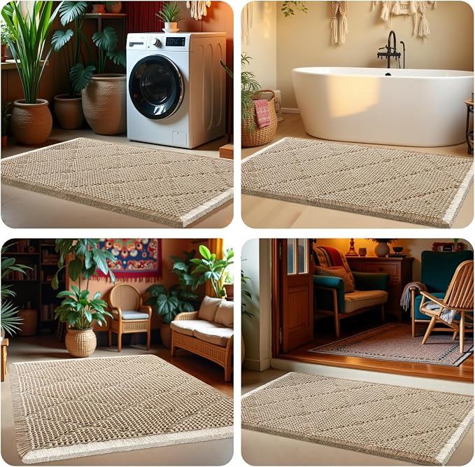 Waffle Bath Mat, Boho Woven Modern Bath Rug Absorbent Non Slip, Ultra Soft Bathroom Mats, Machine Washable Knit Bath Rugs with Rhombus for Bathroom, Bedroom, Kitchen, Shower, 32"x20", Beige & White