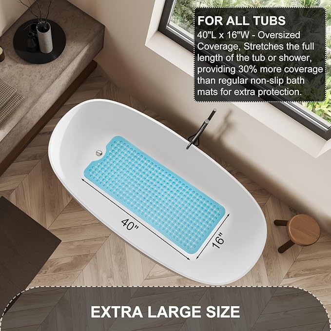 TEESHLY Bath Tub and Shower Mats, Non Slip 40 x 16 Inch Extra Large Bathtub Mat, Machine Washable Bathmat with Drain Holes, Suction Cups for Bathroom Floor, Clear Blue
