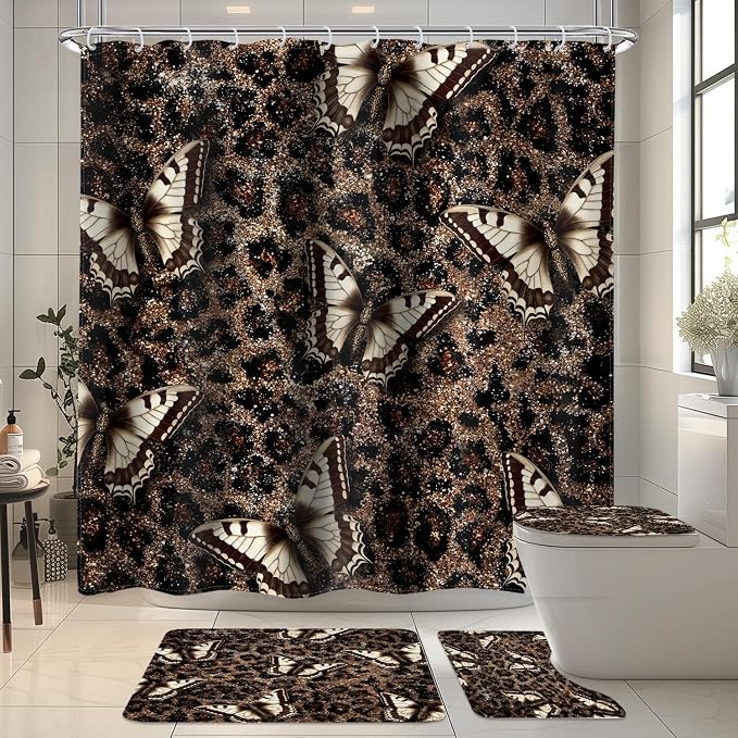 4 PCS Vintage Leopard Print Shower Curtain Set 72Wx72H,Toilet Lid Cover,Non-Slip Rugs and U-Shaped Mat,Butterfly Bathroom Sets with Rugs Shower Accessories 12 Hooks for Bathroom Decor