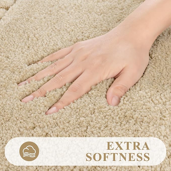 Pauwer Bathroom Rugs Sets 3 Piece Bathroom Shower Rugs with U-Shaped Contour Toilet Mat Absorbent Microfiber Plush Bath Mats Non Slip Bath Rug Machine Washable Shaggy Bath Mat Set, Beige