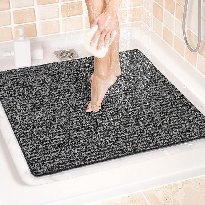 LuxStep Shower Mat Bathtub Mat,24x24 inch, Non-Slip Bath Mat with Drain, Quick Drying PVC Loofah Bathmat for Tub,Shower,Bathroom (Phthalate Free,Black)