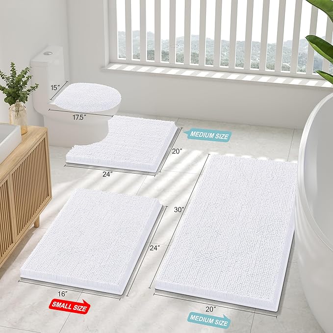 Smiry Luxury Chenille Bathroom Rugs 45x27, Extra Soft and Absorbent Shaggy Bath Mat, Machine Washable, Non-Slip Plush Carpet Runner for Tub, Shower, and Floor, Home Decor Accessories, White