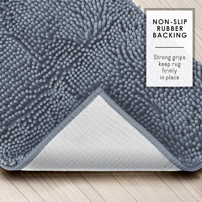 Hearth & Harbor Bathroom Rugs, Chenille Bath Mat - Machine Washable Bath Mats for Bathroom Non-Slip Backing Rubber, Quick Dry Bathroom Mat, 17 x 24 + 20 x 32 - Stone Blue