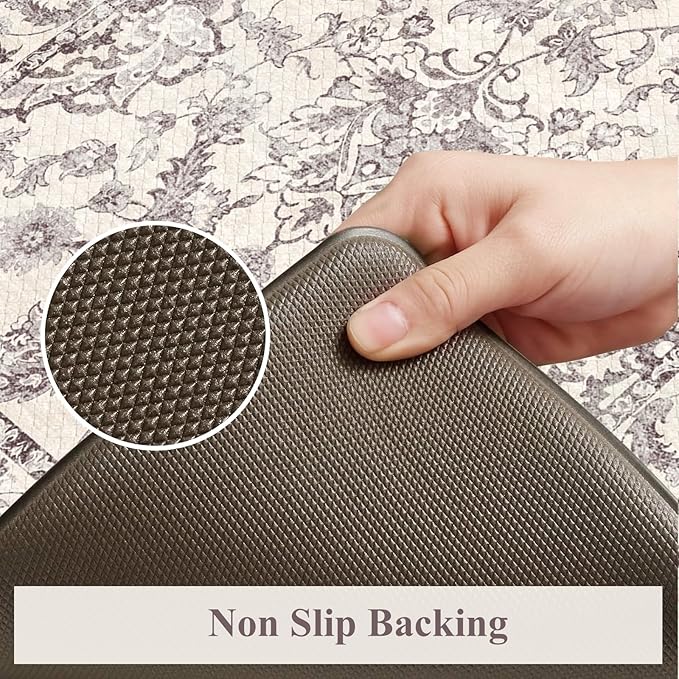 KIMODE Comfort Kitchen Floor Mats Cushioned Anti Fatigue,Boho Vintage Floral Kitchen Rugs Sets of 2,Ergonomic Memory Foam Carpet Non Slip for Sink Laundry Office,Purple Grey 17"x29.5"+17" x47”
