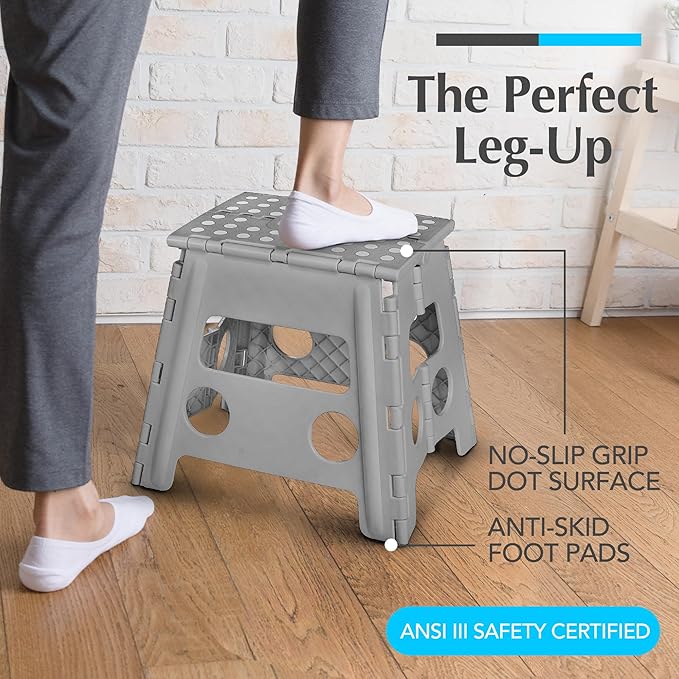 Handy Laundry Folding Lightweight Step Stool - Sturdy Enough to Support Adults - Opens Easy with One Flip - Great for Kitchen, Bathroom or Bedroom (Grey - 13 inch)
