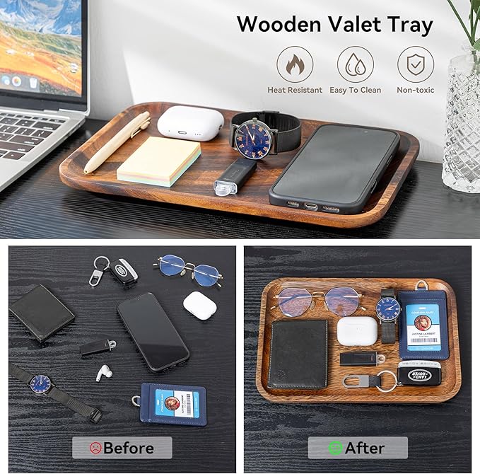 2PCS Serving Wood Valet Tray for Men Women, Catch All Acacia Mens Key Dump Bedside Nightstand Organizer EDC Decorative Wooden Tray for Phone Watch Wallet Keys