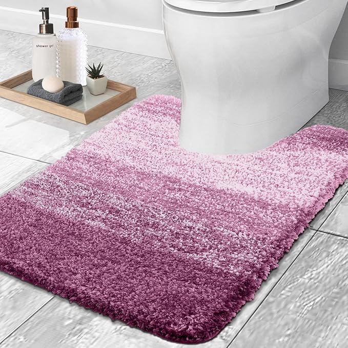OLANLY Luxury Toilet Rugs U-Shaped 24x24, Extra Soft and Absorbent Microfiber Bathroom Rugs, Non-Slip Plush Shaggy Bath Mat, Machine Wash Dry, Contour Bathroom Mats for Toilet Base, Pinkish-Purple