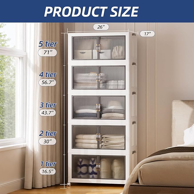 SAILUN 145Gal/580Qt Stackable Storage Bins Folding Collapsible Storage Bins with a Lid, Closet Organizers and Storage,White 26" W x 17" D x 71" H
