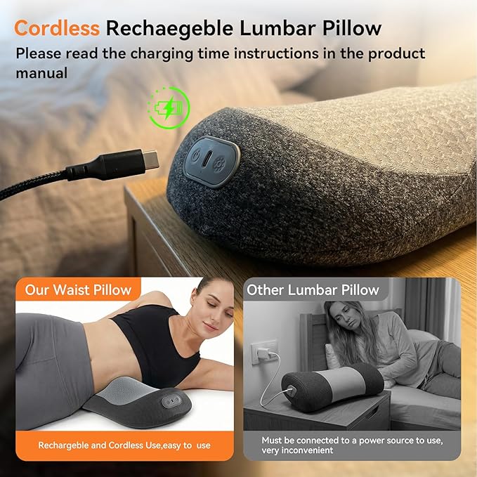 Yunari 3-in-1 Wireless Back Massager, Dual Airbag Decompression Lumbar Support Pillow with Adjustable Heat, Vibration & Traction, Ergonomic Support for Lower Back Pain Relief, Home Office Travel Car