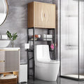 Kalrin Over The Toilet Storage Cabinet with Fluted Wave Doors and Adjustable Shelf, Wood Over Toilet Storage Rack with Drain Basket, Freestanding Bathroom Organizer for Balcony Laundry, Wood & Black