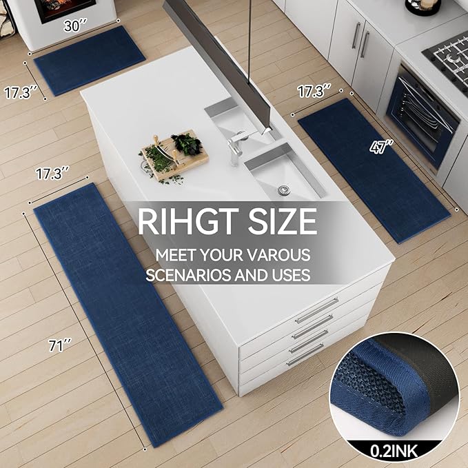 SUMLANS Kitchen Mat Set of 2 PCS, Cushioned Non Slip Rugs for Kitchen Floor, Absorbent Runner Comfort Standing Mats Washable for Kitchen, Office, Home (Dark Blue, 17.3"x47"+17.3"x30")