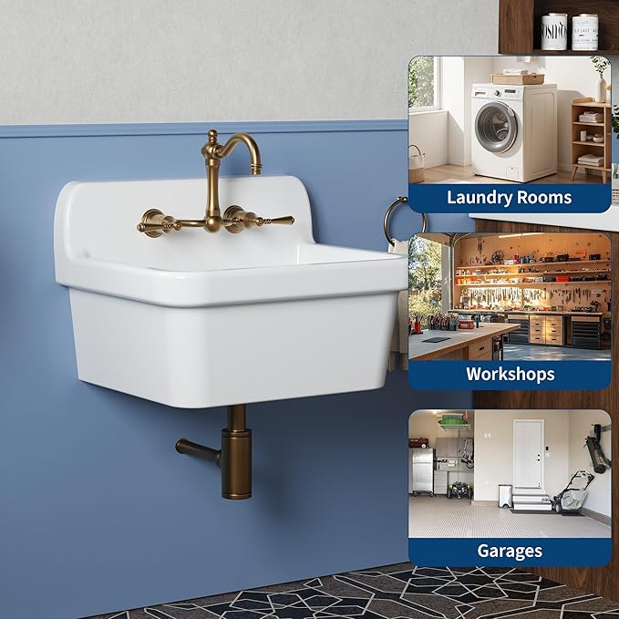 GarveeLife Wall Mounted Laundry Sink 20 x 24 inch, White Ceramic Utility Sink for Laundry Room, Compact Wall Hung Sink for Washing, Cleaning & Utility Tasks