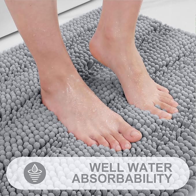 Grandaily Chenille Striped Bathroom Rugs 47x32, Extra Thick and Absorbent Bath Mats, Non-Slip Soft Plush Shaggy Shower Carpet, Machine Wash Dry, Bath Rug for Bathroom, Light Grey