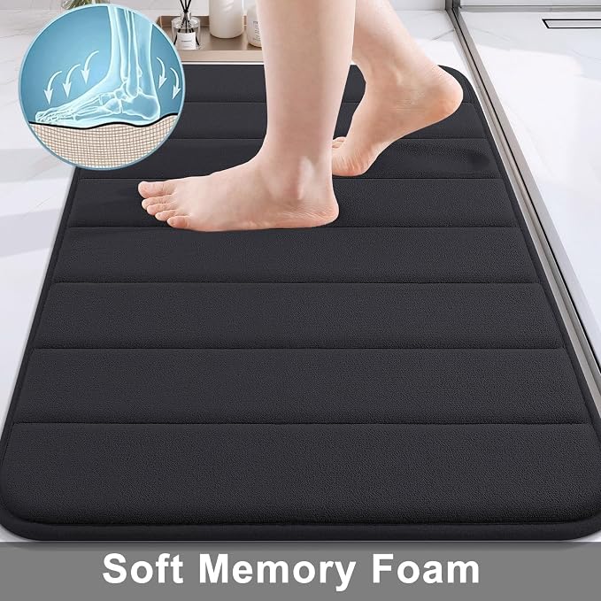 Buganda Memory Foam Bath Mat, 47" x 20", Ultra Soft and Non-Slip Bathroom Rugs, Water Absorbent and Machine Washable Bath Rug Runner for Bathroom, Shower, and Tub, Black