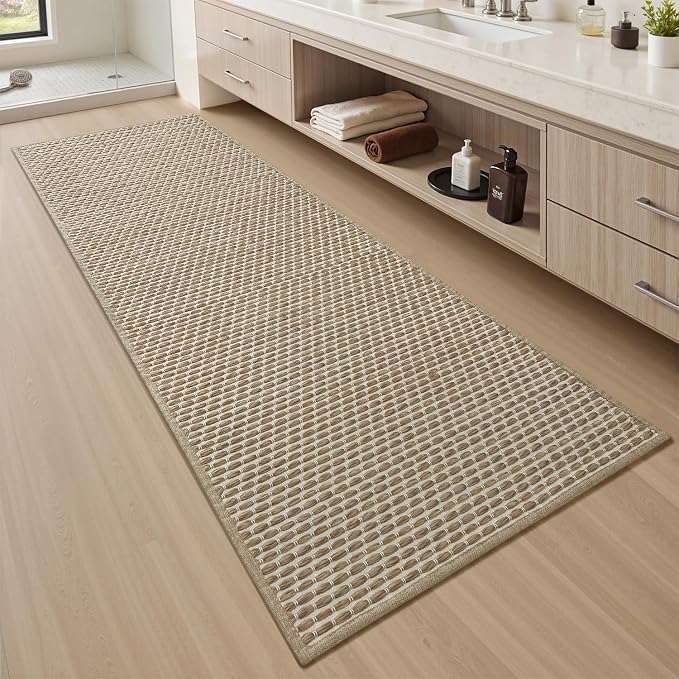 AMOAMI Unique Woven Bathroom Runner Rug, Super Absorbent Non Slip Bath Mats for Bathroom Textured Bathroom Mat Quick Dry Boho Rugs Runners for Hallyways Kitchen Bedroom Beside Tub, 2' x 4', Brown
