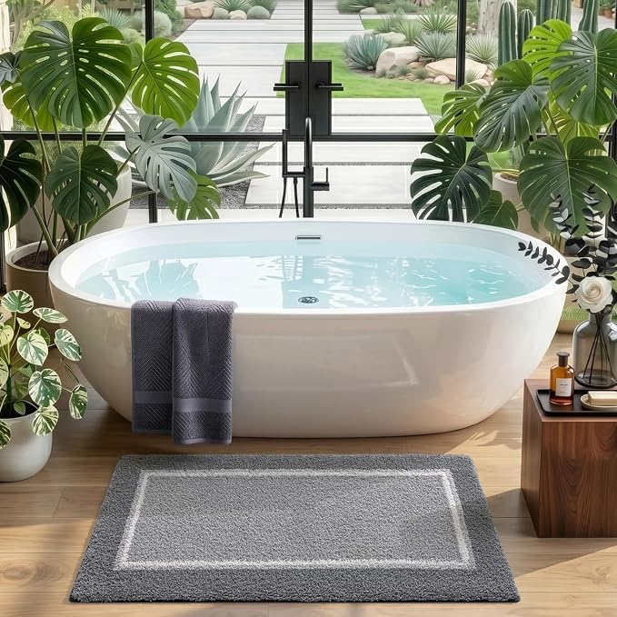 DEXI Bathroom Rugs 24x16, Absorbent Extra Soft Plush Microfiber Bath Mat for Bathroom, Non Slip Washable Bathmat Quick Dry for Shower Floor, Sink, Tub, Laundry Room, Light Grey