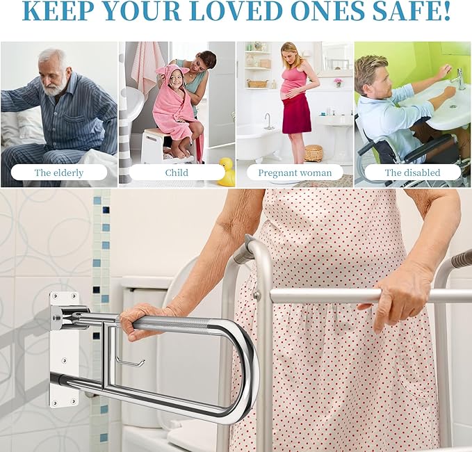 Toilet Grab Bar 32 Inch Chrome, Munzong Anti-Slip Handicap Grab Bars with Paper Holder, Flip-Up Bathroom Safety Rails, Stainless Steel Knurled Support handrails for Seniors Elderly Disabled Pregnant