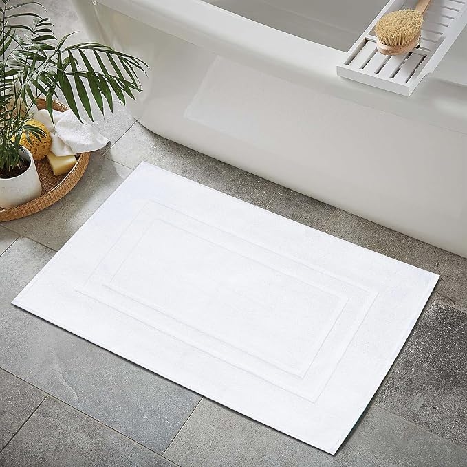 Feather & Stitch 2 Piece Towel Like Bath Mats (30x21 Inch) 100% Cotton Terry Bath Mats, Bathroom Shower Floor Mats [NOT A Bathroom Rug], Soft Absorbent Washable Mats - White