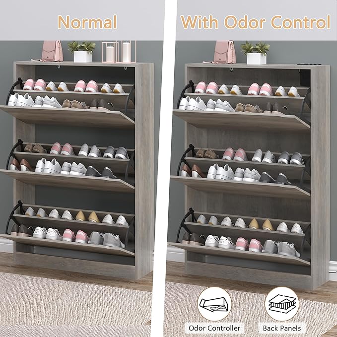 BORNOON Shoe Cabinet with Odor Control and Back Panels, Deodorizing Slim 3-Flip Shoe Storage Cabinet for Entryway, Freestanding Hidden Shoe Rack Organizer for Entrance, Hallway, Bedroom