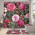 4 PCS Leopard Print Flower Shower Curtain Set 72Wx72H,Toilet Lid Cover,Non-Slip Rugs and U-Shaped Mat, Pink Cheetah Bathroom Sets with Rugs Shower Accessories 12 Hooks for Bathroom Decor