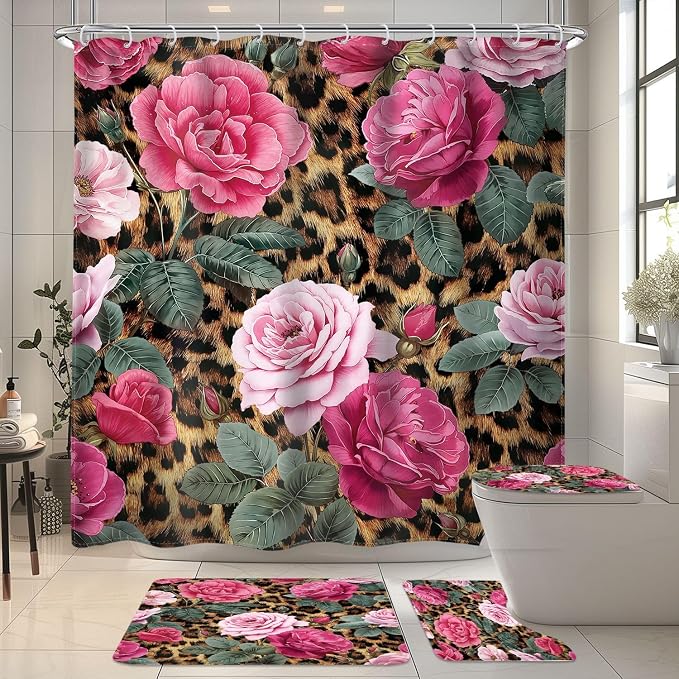 4 PCS Leopard Print Flower Shower Curtain Set 72Wx72H,Toilet Lid Cover,Non-Slip Rugs and U-Shaped Mat, Pink Cheetah Bathroom Sets with Rugs Shower Accessories 12 Hooks for Bathroom Decor