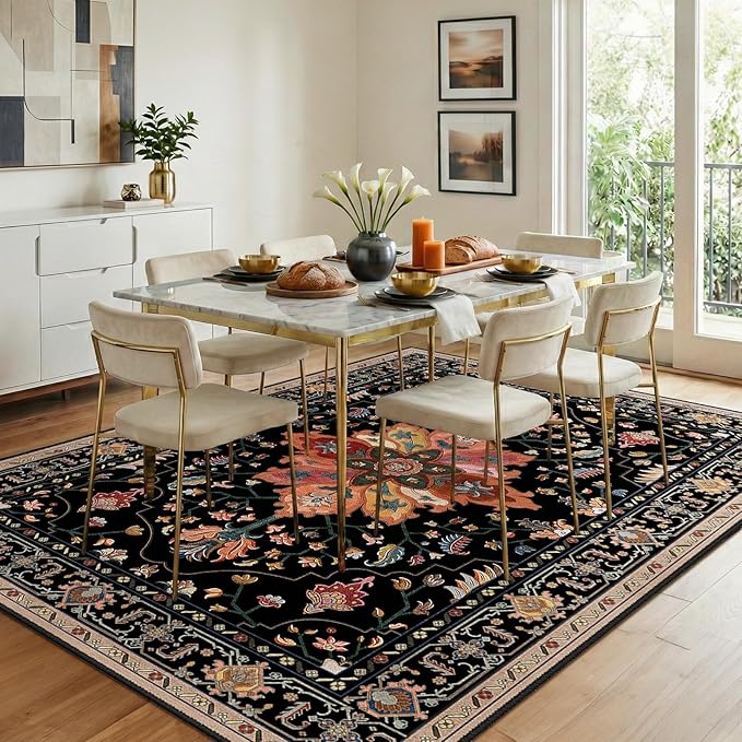 RELEANY Area Rugs 8'x10' Washable Non-Slip, Floral Vintage Distress Medallion Carpet for Living Room Bedroom Dining Room, Black Colorful Floral Dark Tan