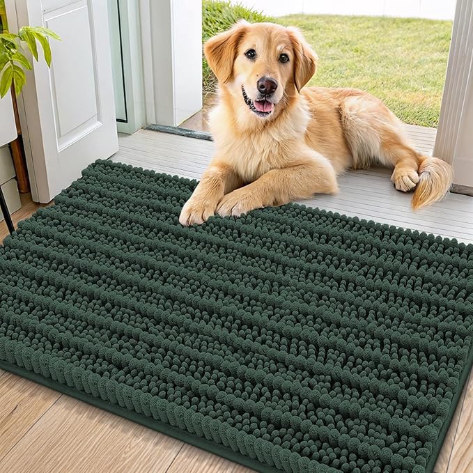Smiry Dog Door Mat for Muddy Paws 36x24, Absorbent Dirt Trapper, Non-Slip Washable Chenille Entryway Rug for Inside Floor, Green, Layered Pattern