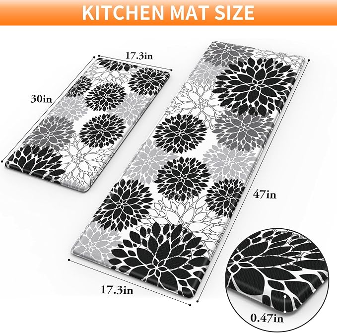 StepLively Kitchen Mats for Floor 2PCS, 0.47" Anti Fatigue Mats for Kitchen Floor, Kitchen Accessories for Sink, Office, Laundry, 17.3"×30"+17.3"×47", White and Black
