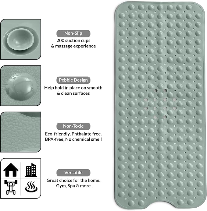 LDC Bath Mat for Tub, Inside Shower Bathtub Mat with Drain Holes and Suction Cups, Anti Slip Bath Mat Inside Tub Extra Long, 40x16 - Mint