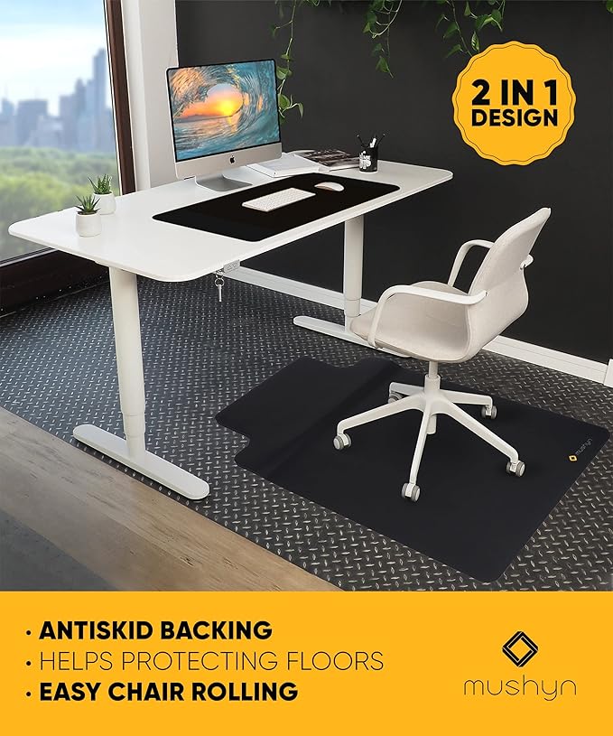 Office Chair Mat with Anti-Fatigue Cushioned Footrest – 2-in-1 Standing Desk Mat for Hardwood Floors – Dual-Zone Design for Standing Comfort and Smooth Chair Rolling (54” × 36”)