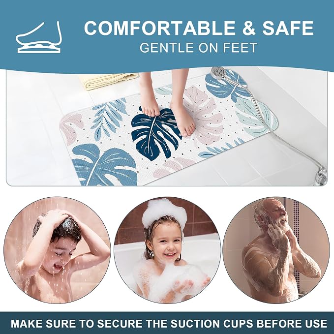 XIYUNTE Baby Bath Mat for Tub Non Slip Kids, BPA Free Extra Long Bathtub Mat 40x16 with Drain Holes and 200 Suction Cups, Non Toxic Machine Washable Toddler Bath Mat, Eco-Friendly Certified