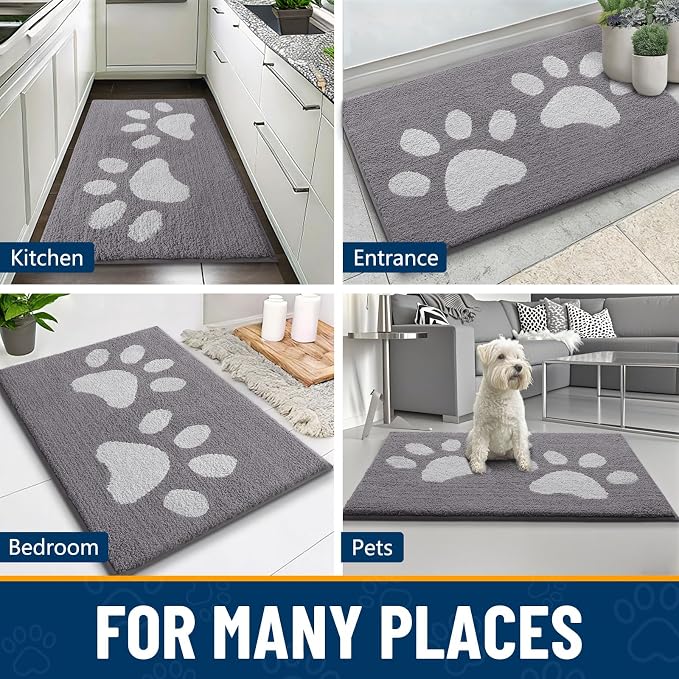 Smiry Dog Door Mat for Muddy Paws, Absorbs Moisture and Dirt, Low-Profile Entryway Mat with Non-Slip Backing, Entry Indoor Outdoor Doormat for Inside Floor (40x32 Inches, Light Grey, Paw)