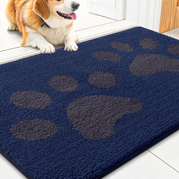 Smiry Dog Door Mat for Muddy Paws, Absorbs Moisture and Dirt, Low-Profile Entryway Mat with Non-Slip Backing, Entry Indoor Outdoor Doormat for Inside Floor (36x24 Inches, Navy Blue, Paw)