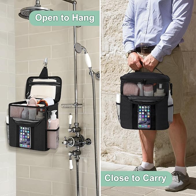 Attmu Shower Caddy Portable for Dorm Room Essentials, Hanging Shower Bag for College, Large Capacity Mesh Shower Caddy for Bath Essentials (Black)