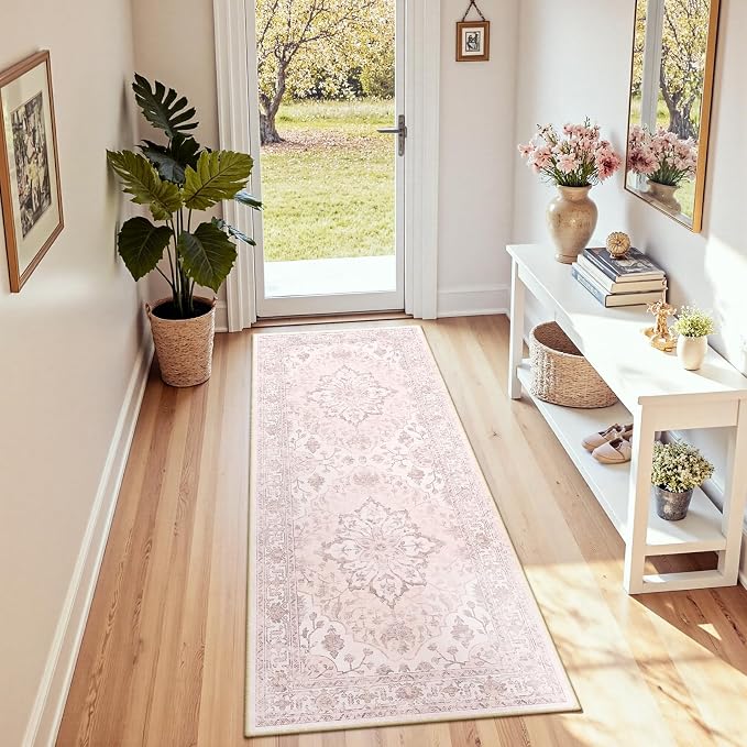 RELEANY Area Rugs Runner 2'x6' Washable Non-Slip, Floral Vintage Distress Medallion Carpet for Kitchen Hallway Bedroom Beside Laundry Room Bathroom, Pink Greypink Cute
