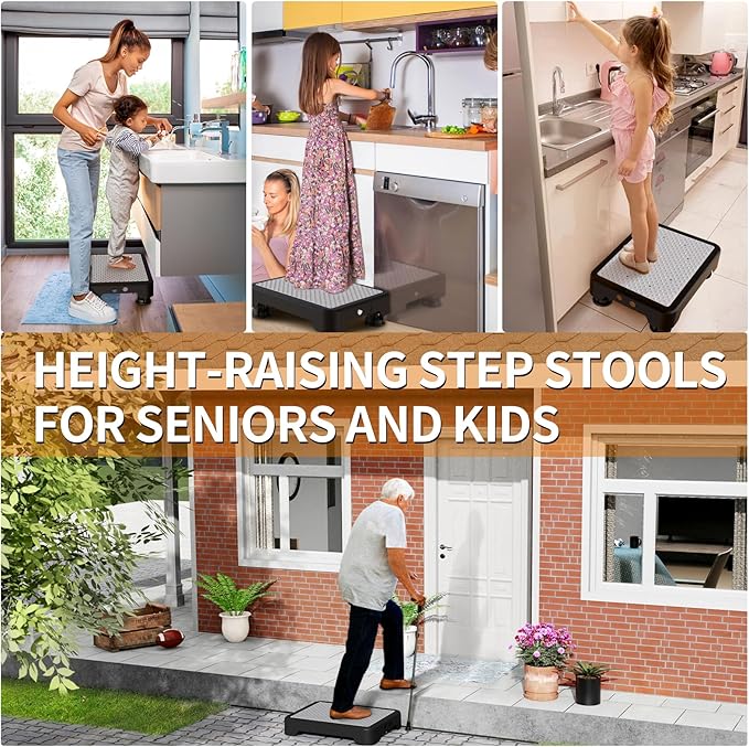 Ronlap One Step Stools for Adults, Portable Safety Step Platform for Seniors Small Plastic Bedside Step Stool Mobility Wide Step Stools Elderly Assistance for Shower Bed Car Stair Outdoor, Black-Gray