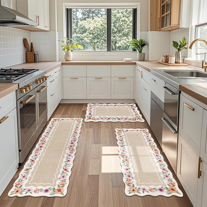 Vaukki Boho Kitchen Rug Sets 3 Pieces, Washable Kitchen Mats for Floor, Non Slip Soft Kitchen Area Rug Floor Mat for Kitchen, Laundry Room and Hallway (Flower-Beige, 20''x32''+20''x47''+20''x59'')