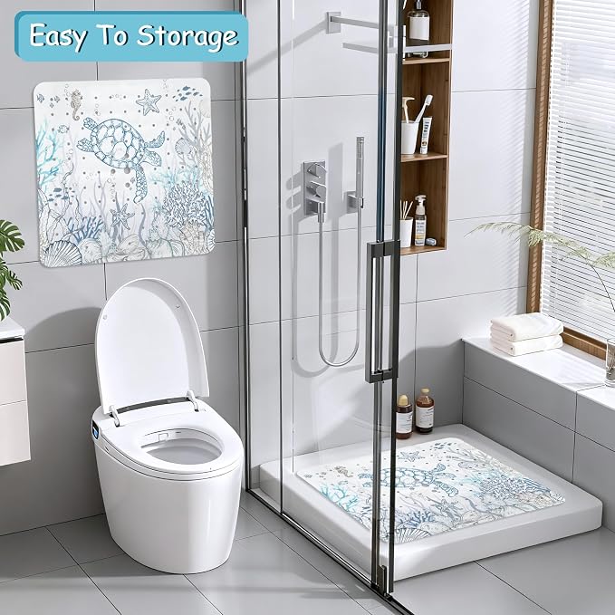 Sea Turtle Square Anti Slip Shower Mats for Inside Shower Accessories, Cute Bath Mats for Bathroom Non Slip Shower Floor Mat Decor Rubber Bathmat With Suction and Drain Holes Machine Washable, 21″X21″