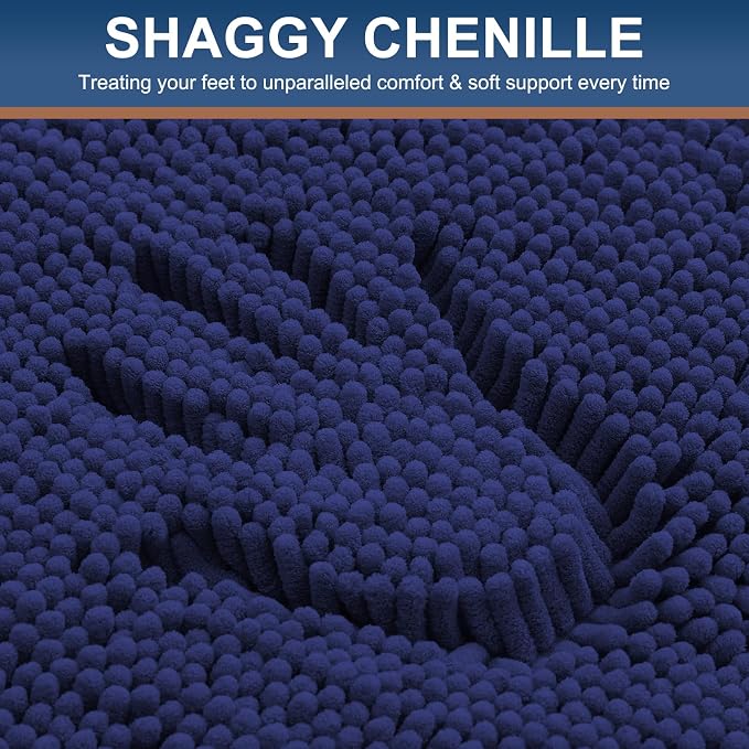 Smiry Luxury Chenille Bathroom Rugs 24x16, Extra Soft and Absorbent Shaggy Bath Mat, Machine Washable, Non-Slip Plush Carpet Runner for Tub, Shower, and Floor, Home Decor Accessories, Deep Blue