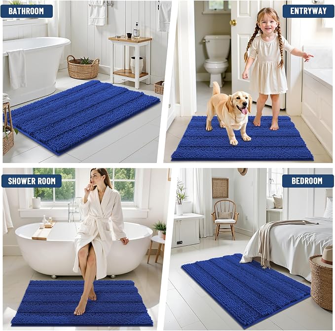 Grandaily Chenille Striped Bathroom Rugs 24x16, Extra Thick and Absorbent Bath Mats, Non-Slip Soft Plush Shaggy Shower Carpet, Machine Wash Dry, Bath Rug for Bathroom, (Small, Cobalt Blue)