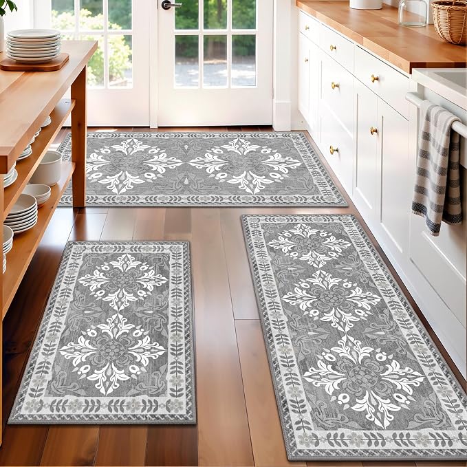 Kitchen Rugs Set of 3, Non-Slip & Washable Floor Mats, Water-Absorbent Area Pad, Standing Desk Mat for Office, Home, Doorway, Laundry, Kitchen Accessories (Light Grey)