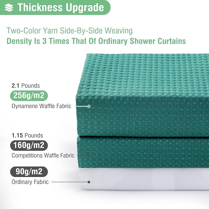 Dynamene Green Fabric Shower Curtain - Waffle Weave Textured Heavy Duty Cloth Shower Curtains for Bathroom, 256GSM Hotel Luxury Weighted Bath Curtain Set with 12 Plastic Hooks,72x72, Seaweed Green