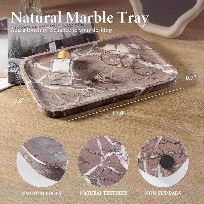 Koville Marble Tray, 12"x8" Marble Vanity Tray for Countertop Bathroom Kitchen Dresser, Decorative Catchall Trays for Perfume Jewelry, Rectangular Stone Serving Tray(Purple)