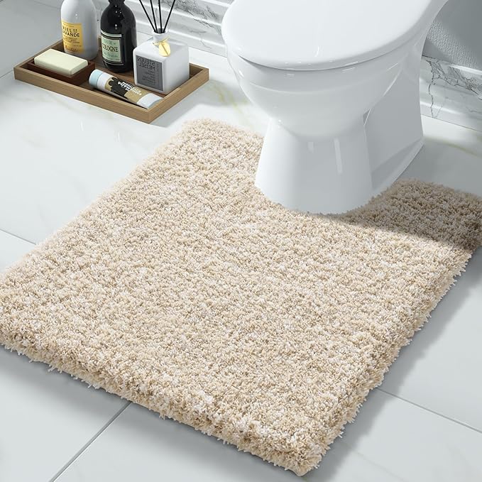 Yimobra Toilet Rugs U Shaped 24X20, Ultra Soft and Water Absorbent Bath Mats, Non Slip Fluffy Luxury Microfiber Contour Bath Rugs for Toilet, Dry Quick, Machine Washable, Light Beige and White
