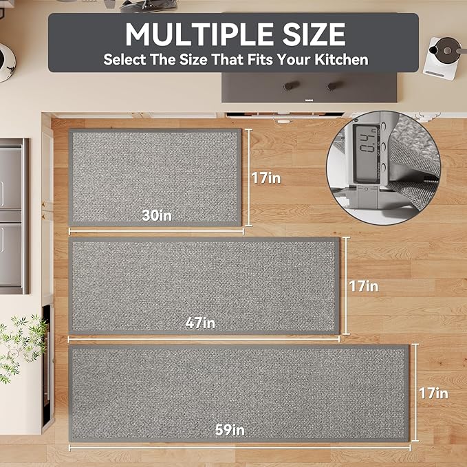 YDKGL Kitchen Mats for Floor, Rubber Backing Kitchen Rugs Non Slip Washable, Super Absorbent Jute-Like Braid Kitchen Runner Rug Sink Mat Standing Mat, Easy to Clean, Gray 17"x30"